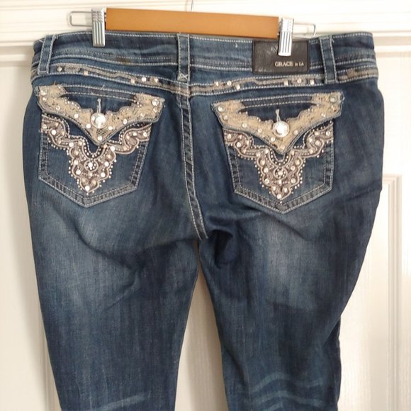 Grace In LA Midrise Straight Leg Lace Blingy Crystals Pocket Flaps 31 - Picture 11 of 16